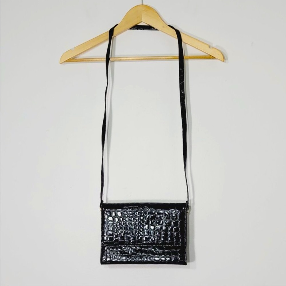 CABRELLI VINTAGE RECTANGULAR CROSSBODY PURSE FAUX GATOR CROCODILE TEXTURED BLACK